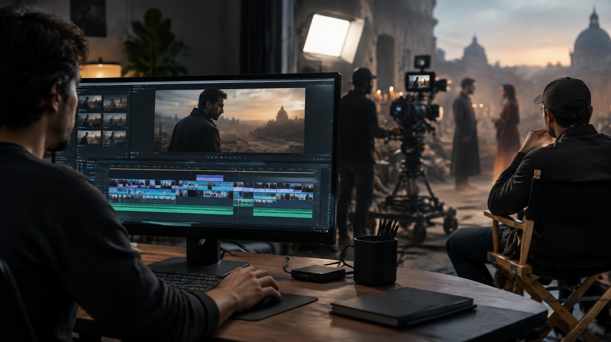film editor working on computer