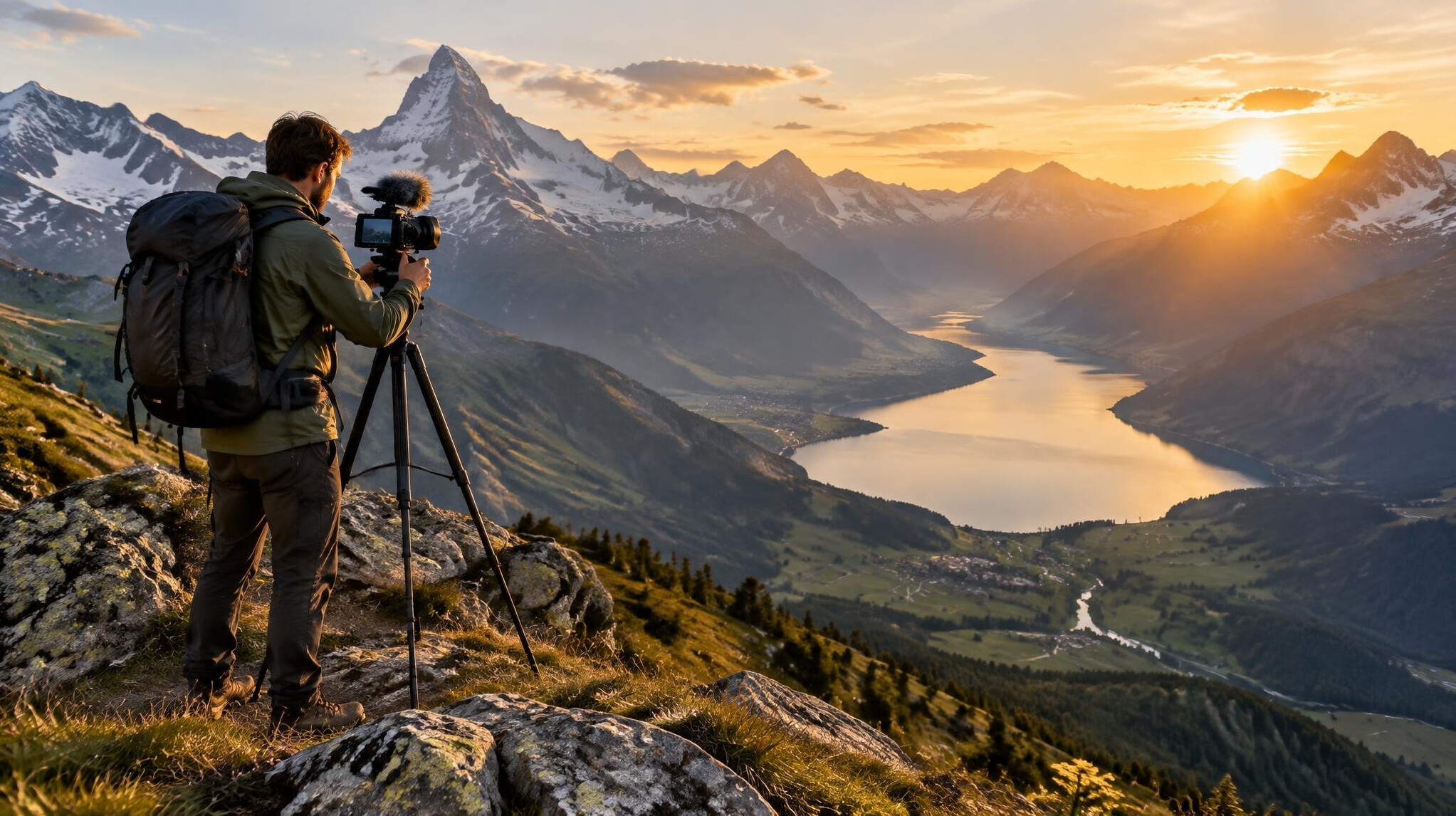Videographer filming mountain landscape in the Swiss Alps