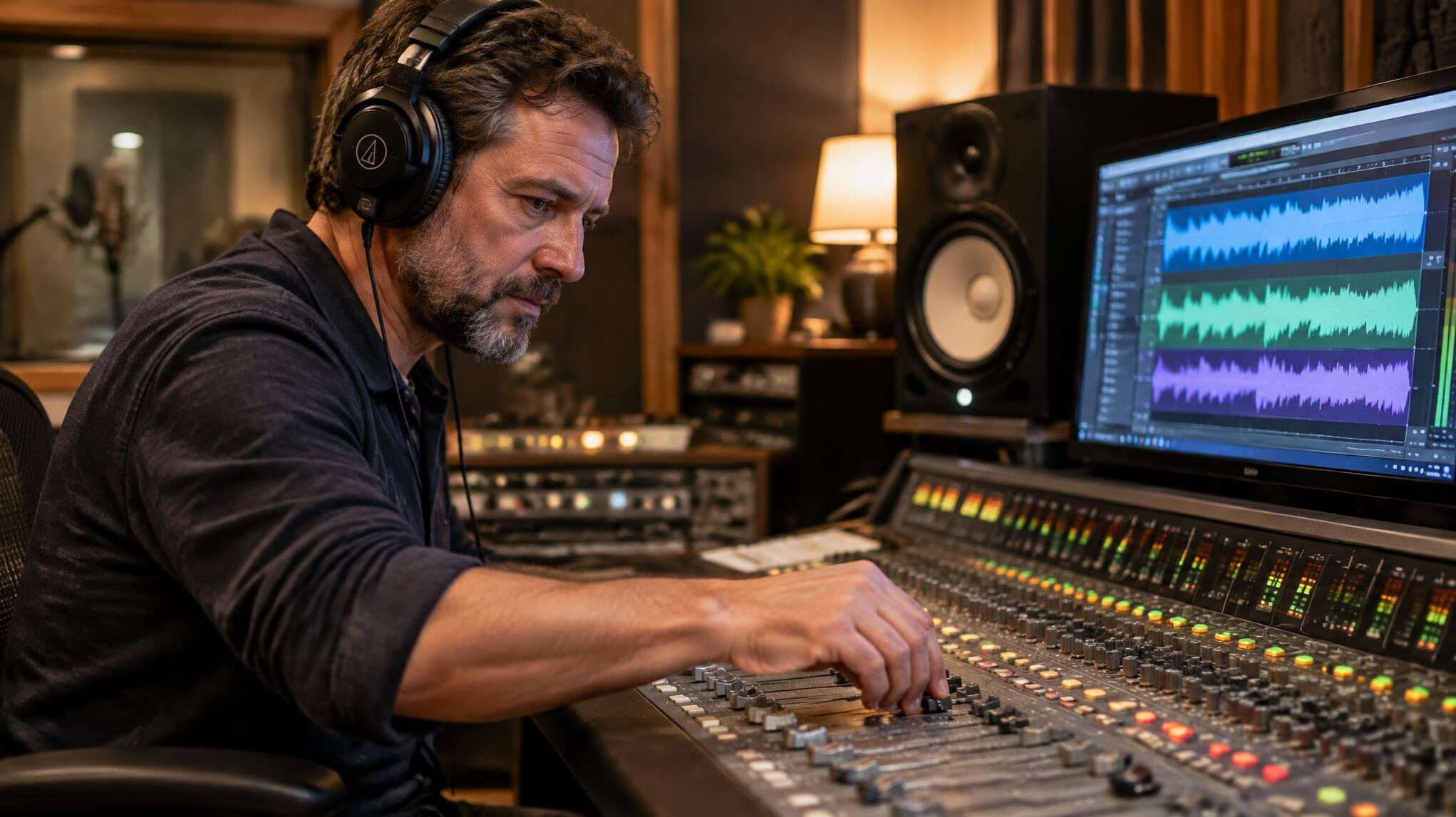 Sound engineer mixing audio on a mixing console with waveform displays