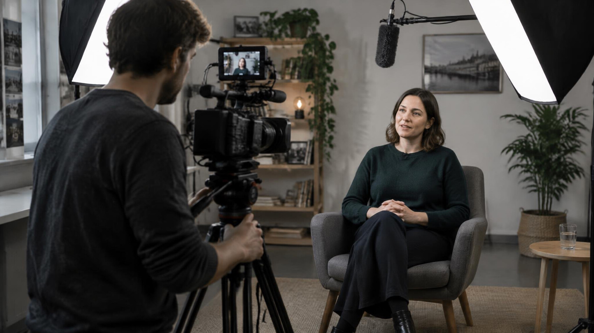 Camera operator filming a documentary interview with softbox lighting