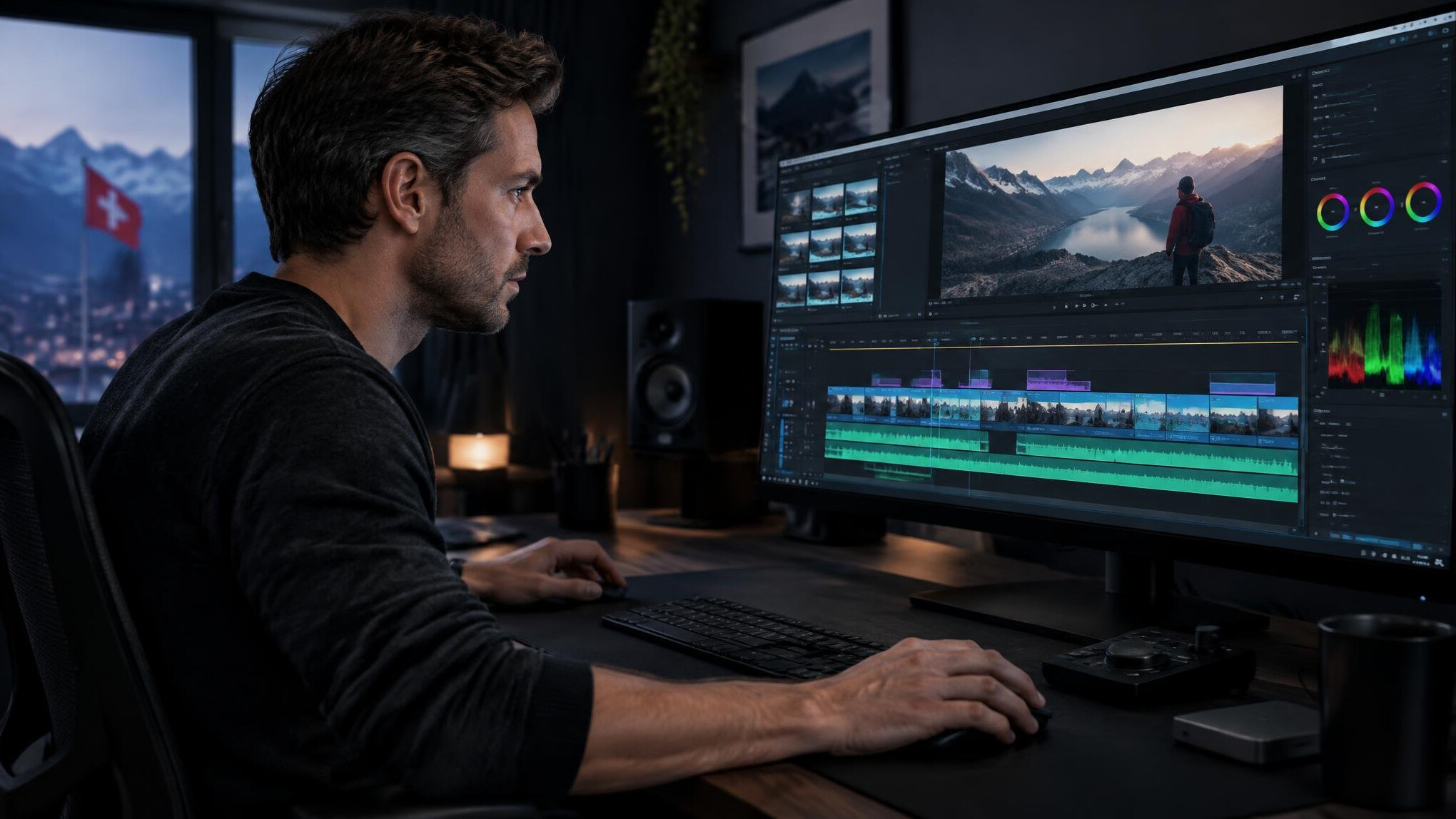 Video editor working on a timeline with multiple clips on a computer monitor