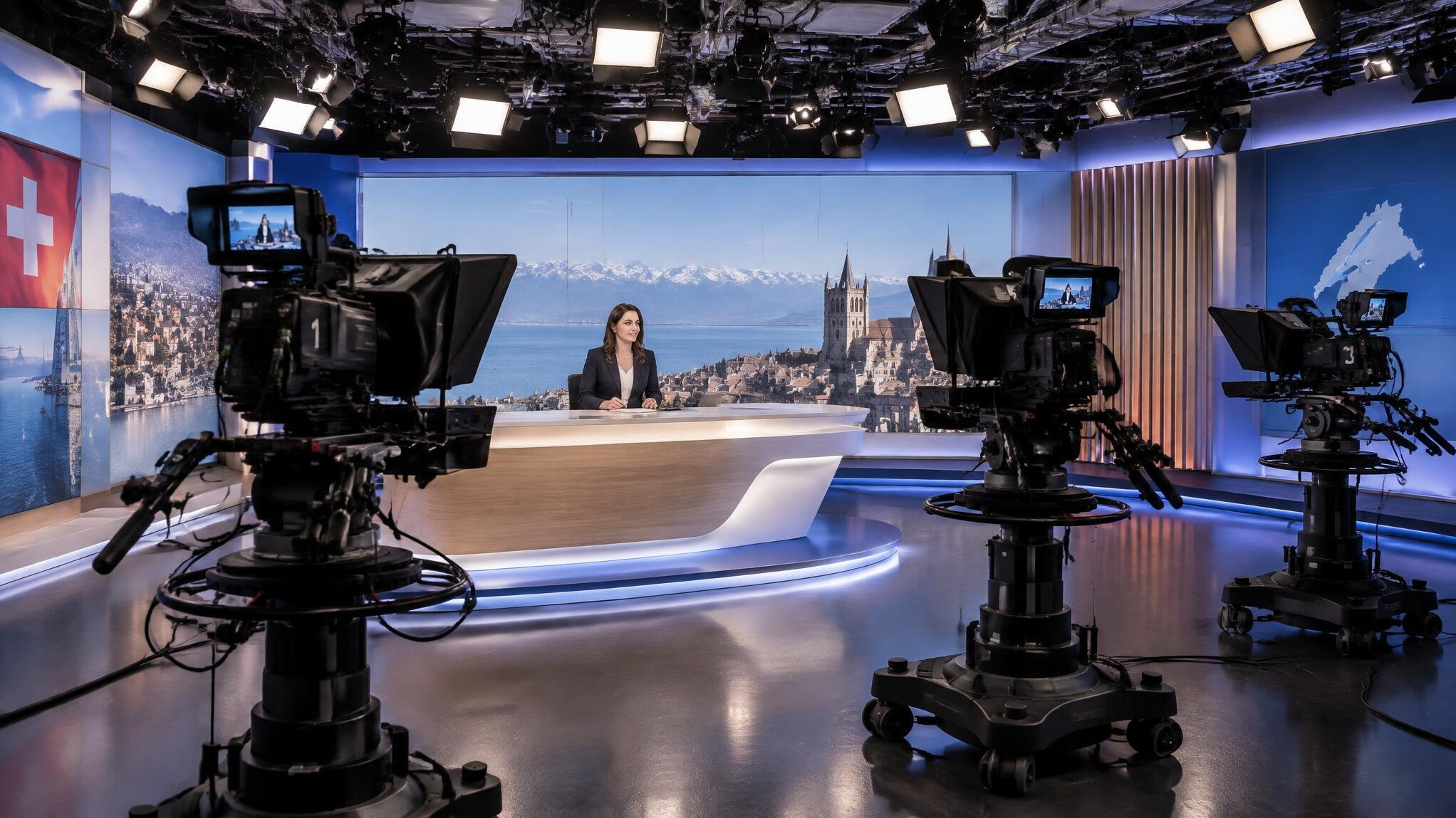 Television production set with cameras and lighting rig in Lausanne